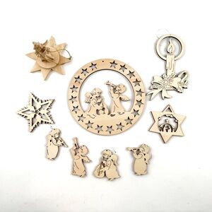 Assorted Wooden Christmas Ornaments.  Laser cut and carved.